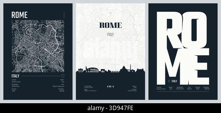 Reiseposter mit Rom, detaillierter Stadtplan, Silhouette-Skyline, Vektorgrafik, Set 2 Stock Vektor
