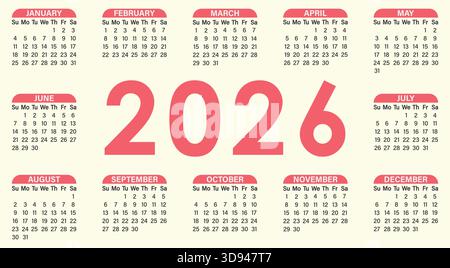 set of 12 months calendar 2026 template planner year design with background Stock Vektor