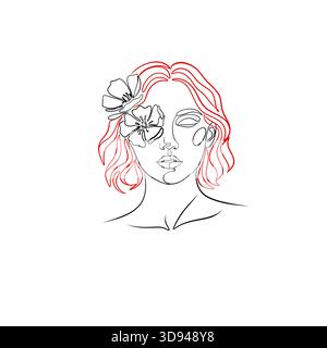 Minimalistisches, durchgehendes Frauenporträt mit Blumen und roten Akzenten Stockfoto