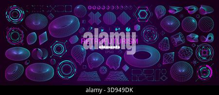 Große Set trendiger Cyberpunk- und Retrofuturismus-Elemente, postmoderne abstrakte geometrische Drahtmodelle und Vaporwellenformen in verschiedenen Formen, Vektorgrafik A Stock Vektor