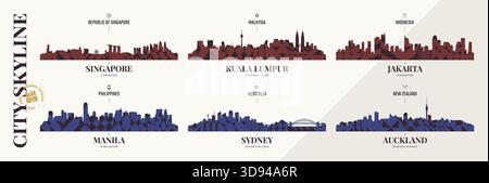 Silhouetten der Skyline Singapur, Kuala Lumpur, Jakarta, Manila, Sydney, Auckland, Panoramen von Südostasien und Ozeanien Stadtlandschaft mit abstraktem B Stock Vektor