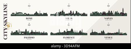 Silhouetten der Skyline Rom, Mailand, Neapel, Palermo, Florenz, Venedig, Panoramablick auf den italienischen Stadthorizont mit abstraktem Brutalismus, geometrischem Muster Stock Vektor