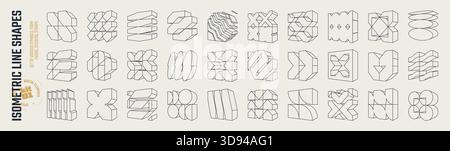 Isometrische Linie brutale 3D-Formen, postmoderne abstrakte geometrische grafische Rahmenelemente, Brutalismus volumetrische Karkasse verschiedene Formen, trendiges Cyber-Design Stock Vektor