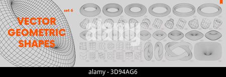 Sammlung von seltsamen Wireframes Vektor 3D geometrische Formen, Verzerrung und Transformation der Figur, Satz von verschiedenen linearen Form von brutali inspiriert Stock Vektor