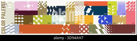 Farbpalette Set, trendige verschiedene kombinierte Farben mit HEXADEZIMALCODES, Vektorbanner mit farbenfrohen Ornamenten abstrakter geometrischer Formen im brutalistischen Stall Stock Vektor