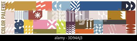 Farbpalette Set, trendige verschiedene kombinierte Farben mit Codes, Vektorbanner mit bunten Ornamenten abstrakter geometrischer Formen im brutalistischen Stil, Stock Vektor