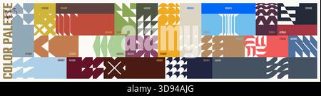 Farbpalette Set, trendige verschiedene kombinierte Farben mit Codes, Vektorbanner mit bunten Ornamenten abstrakter geometrischer Formen im brutalistischen Stil, Stock Vektor