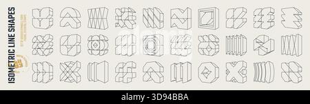 Isometrische Linie brutale 3D-Formen, postmoderne abstrakte geometrische grafische Rahmenelemente, Brutalismus volumetrische Karkasse verschiedene Formen, trendiges Cyber-Design Stock Vektor
