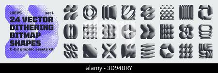 Hochwertige Bitmap-Formen, abstrakte geometrische Grafiken inspirieren die Retro-8-Bit-Kollektion mit markanter Y2K-Vektor-Pixelated Stock Vektor