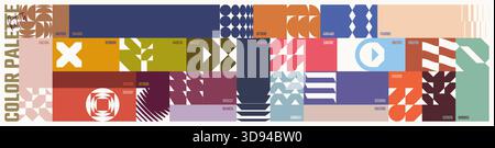 Farbpalette Set, trendige verschiedene kombinierte Farben mit Codes, Vektorbanner mit bunten Ornamenten abstrakter geometrischer Formen im brutalistischen Stil, Stock Vektor