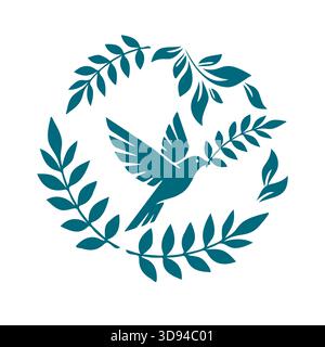 Vogel in einem Kranzsymbol blaues grafisches Objekt des Friedens. Handgezeichnet. Nicht AI, Vektordarstellung. Stock Vektor