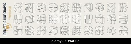 Isometrische Linie brutale 3D-Formen, postmoderne abstrakte geometrische grafische Rahmenelemente, Brutalismus volumetrische Karkasse verschiedene Formen, trendiges Cyber-Design Stock Vektor