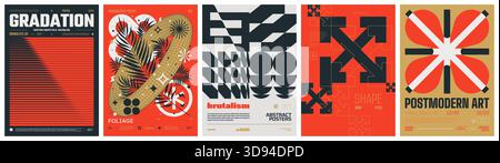 Set Moderne Kunst bunte trendige Poster, Kunstwerke im Minimalismus und Brutalismus Stil, abstrakte geometrische A4 Rave postmoderne Komposition, Vektor einfach Stock Vektor