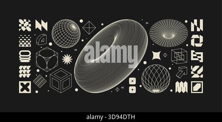Vektorgrafik-Elemente Kit Acid Style, postmoderne abstrakte geometrische Formen mit Drahtmodellelementen verschiedener Formen, Y2K trendiges Design in Brutalismus Stock Vektor