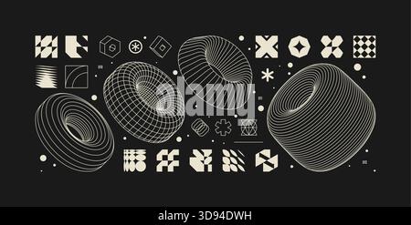 Vektorgrafik-Elemente Kit Acid Style, postmoderne abstrakte geometrische Formen mit Drahtmodellelementen verschiedener Formen, Y2K trendiges Design in Brutalismus Stock Vektor