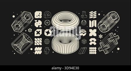 Vektorgrafik-Elemente Kit Acid Style, postmoderne abstrakte geometrische Formen mit Drahtmodellelementen verschiedener Formen, Y2K trendiges Design in Brutalismus Stock Vektor