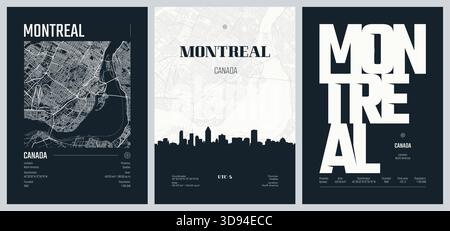 Reiseposter mit Montreal, detaillierter Stadtplan, Silhouette-Skyline, Vektorgrafik Set 2 Stock Vektor