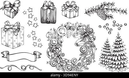 Handgezeichnetes Vintage-Weihnachtsset mit Geschenken, Kranz, Bäumen, Sternen, Bändern, und Kiefernäste. Detailreiche Strichgrafik, ideal für Weihnachtskarten Stock Vektor