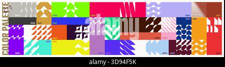 Trendige verschiedene Kombinationen Farbanleitung mit Codes, Farbpalette abstrakte postmoderne Komposition mit geometrischer Form in brutaler Ästhetik, GE Stock Vektor