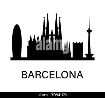 Silhouette der Skyline von Barcelona. Sagrada Familia und moderne Wahrzeichen. Einfaches schwarzes Stadtbild für Reisen, Infografik, Design. Stock Vektor