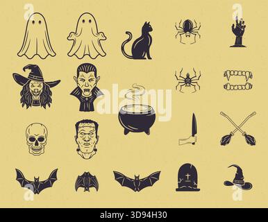 Set mit 19 Halloween-Illustrationen von gruseligen Kreaturen bis zu gruseligen Requisiten im klassischen handgezeichneten Vintage-Look Stock Vektor