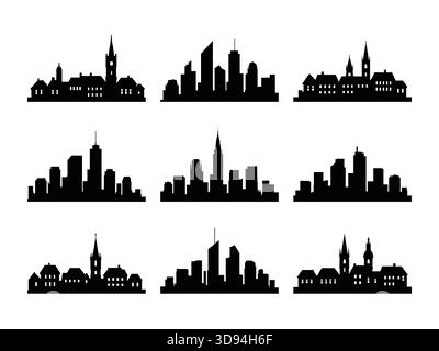 Sammlung von 9 schwarzen Stadtsilhouetten, die moderne Wolkenkratzer und Skylines der alten europäischen Stadt kombinieren. Minimaler Vektorsatz für Poster, Branding Stock Vektor