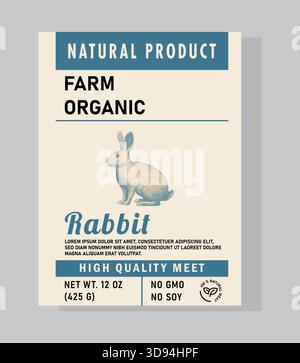 Handgefertigtes Etikett mit Kaninchenfleisch im Vintage-Stil und strukturiertem, natürlichem Design. Ideal für die Präsentation ethischer Agrarprodukte. Stock Vektor