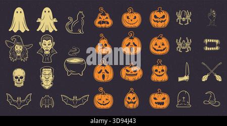 Sammlung von 31 Vintage-Halloween-Elementen, darunter gruselige Symbole und Charaktere, perfekt für Poster und Banner Stock Vektor