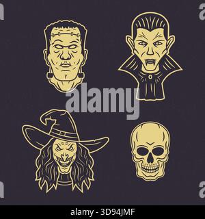 Charakterset mit Frankenstein-Vampirhexe und Skelett im Vintage-Halloween-Stil, ideal für Poster-Logos und mehr Stock Vektor
