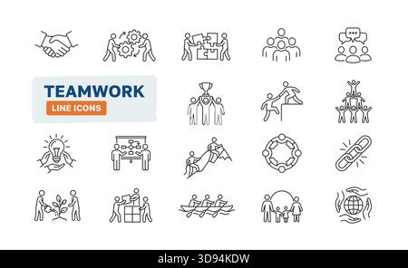 Symbolgruppe Teamwork Line. Kommunikation mit Geschäftsteams Mitarbeiter unterstützen Diskussionen. Zusammenarbeit Community-Gespräch. Stock Vektor