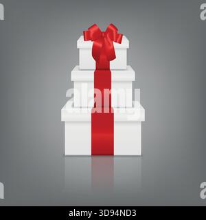 Gestapelte weiße Geschenkboxen mit rotem Band. Tower of White Geschenkboxen mit roter Schleife, realistischer 3D-Geschenkboxen für Geburtstag, Weihnachten, Feiertage Stock Vektor