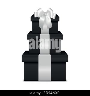 Schwarzer Geschenkkartonturm mit weißem Band. Stapel luxuriöser schwarzer Geschenkboxen mit weißer Schleife, realistische 3D-Geschenkboxen für Weihnachten, Weihnachten und Hochzeit Stock Vektor