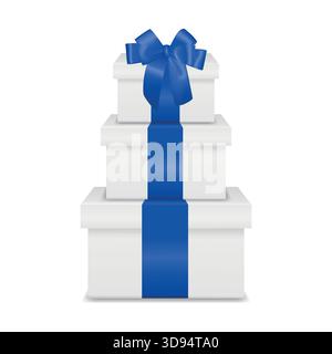 Weißer Geschenkkartonturm Mit Blauem Band. Gestapelte weiße Geschenkboxen, luxuriöses Geschenkset für Weihnachten, Neujahr, Geburtstag, Hochzeit, Vatertag Stock Vektor