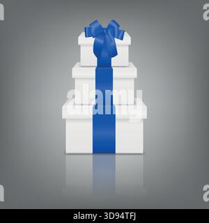 Blauer Geschenkbox-Turm Mit Weißem Band. Gestapelte blaue Geschenkboxen, luxuriöses Geschenkset für Weihnachten, Neujahr, Geburtstag, Hochzeit, Vatertag Stock Vektor