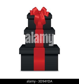 Schwarzer Geschenkkartonturm Mit Rotem Band. Gestapelte Schwarze Geschenkboxen. Elegantes luxuriöses Geschenkset für Weihnachten, Neujahr, Valentinstag, Geburtstag und Stock Vektor