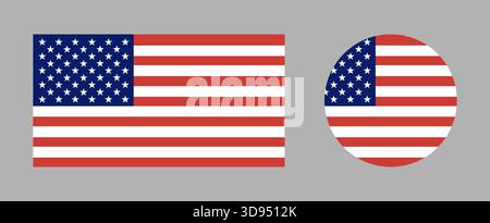 Nationale Runde, rechteckige Flaggengruppe der Vereinigten Staaten. Amerikanisches Flaggenrechteck, kreisförmige Symbole. Abgerundetes Emblem mit US-Flagge. Vereinigte Staaten von Amerika Stock Vektor