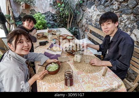Mexiko-Stadt Mexiko, Xochimilco, Dalia Restaurant Cafe, junge asiatische Erwachsene Freunde essen, lächelnde Leute essen, Tonschalen traditionelle Gerichte, handgemachte Torte Stockfoto