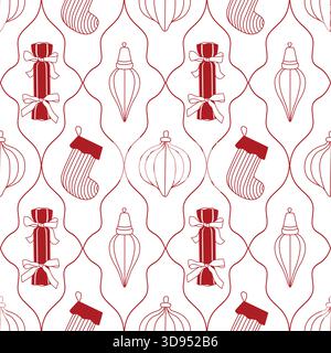 Handgezeichnetes nahtloses Weihnachtsmuster mit Ornamenten und Geschenken und Strümpfen in roter Farbe Stock Vektor