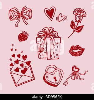 Love Vector Doodle Set für Hochzeit mit Geschenk und Rosenblume im Skizzenstil mit Hand gezeichneter Strichkunst. Rot auf Rosa sorgt für einen romantischen Look. Gut für valentinstag-Design und für niedlichen Kartenhintergrund. Stock Vektor