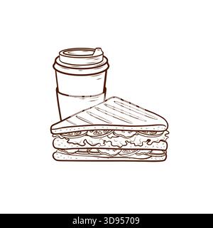 Club-Sandwich und Kaffeetasse. Vektorillustration in einem minimalistischen Umrissstil mit braunen Linien. Detaillierte Zusammensetzung von Brot, Gemüse Stock Vektor