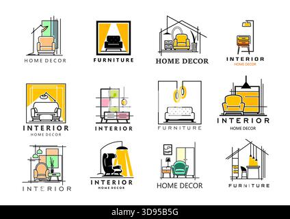 Ikonen im Innenraum mit Vektormöbeln und Elementen der Inneneinrichtung. Umrissfarbe modernes Sofa, Lampe, Stuhl und Schrank, Sessel, Couchtisch und Couch Minimal-Symbole Set der Inneneinrichtung Stock Vektor