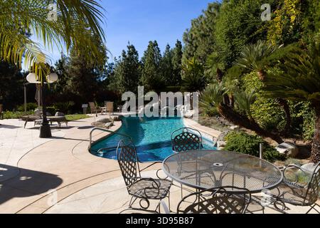 Ein sonnendurchfluteter Hinterhof-Pool in Los Angeles ist umgeben von üppiger Landschaft, Palmenfronten und Terrassensitzen, was eine ruhige Resort-Atmosphäre schafft. Stockfoto
