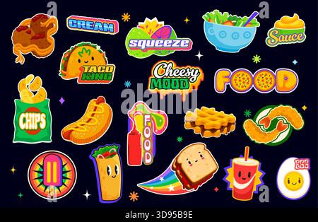 Fastfood Y2K Aufkleber und Take-away Patch Etiketten mit Snacks und Desserts, Cartoon Vektor Set. Fastfood-Aufkleber mit Taco mit lustigem Gesicht und Burrito-Lächeln, Sandwich und funky Soda Drink Y2K-Charakter Stock Vektor