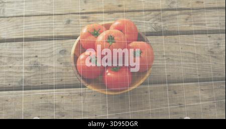Sitzende runde flache gelbe Schüssel mit sechs Reifen roten Tomaten auf Holztisch, Gitterüberlagerung Stockfoto