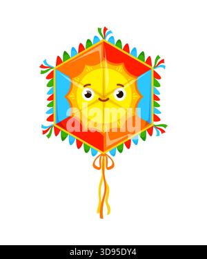 Festival Paper Drachen für Kinder Unterhaltung Spielzeug oder Sommerfest der Drachen, Vektor-Ikone. Karikatursonne mit einem Lächeln im Gesicht auf Papierdrachen mit Saiten für Makar Sankranti Indianerfeiertag Stock Vektor
