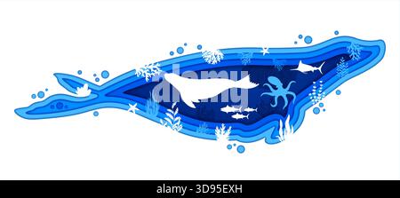 Papier geschnittene Dichtung Silhouette mit Unterwasserlandschaft, Meerestiere und Fische, Vektorbanner. Unterwasser- oder Unterwasserlandschaft im Ozean, Kraken und Thunfisch mit Algen im Rahmen aus Dichtungspapier Stock Vektor