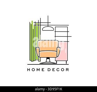 Home Interior Icon für Dekor Design Studio oder Möbelgeschäft und Showroom, Vektor-Emblem. Home Interior dünne Linie Icon des Stuhls mit Vorhang, Lampe und Kleiderschrank für Raumeinrichtung und Home Design Salon Stock Vektor