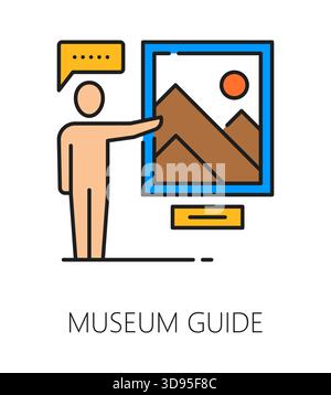 Museum Kunstgalerie und Ausstellung Farblinie Symbol des Führers, Vektorpiktogramm. Antiquitätenausstellung und Kunstgalerie Ikone mit Führungen für Künstlermalereien und Kunstwerke Meisterwerke Stock Vektor