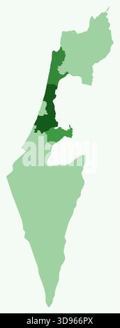 Karte von Israel mit Regionen. Eine einfache Ländergrenzkarte mit Gebietsaufteilung. Grüne Farbpalette. Stock Vektor
