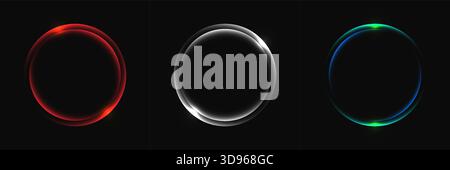Drei leuchtende Neonkreise in Rot, weiß und Blau vor dunklem Hintergrund. Zukunftsweisendes High-Tech-Energiefeld- oder Portaldesign, perfekt für Stock Vektor